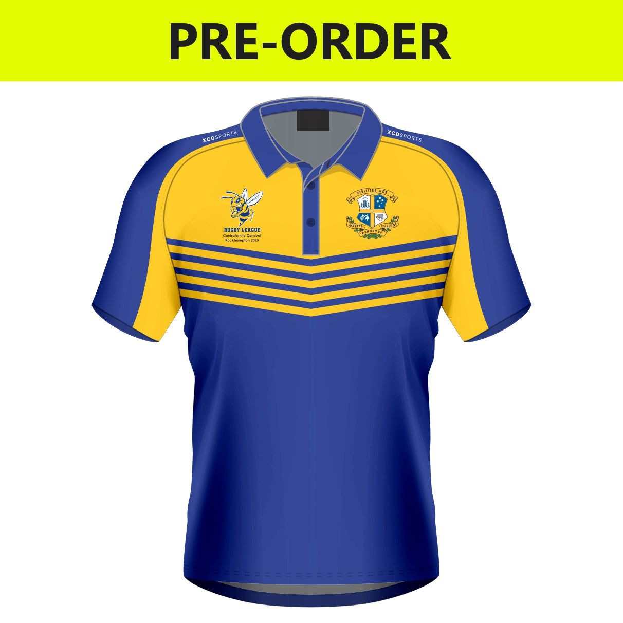 A pre-order notification for a Marist College Ashgrove supporter polo shirt in blue and yellow colours with a collar and short sleeves. Custom Anorak Rain Jacket design preview XCD Sports.